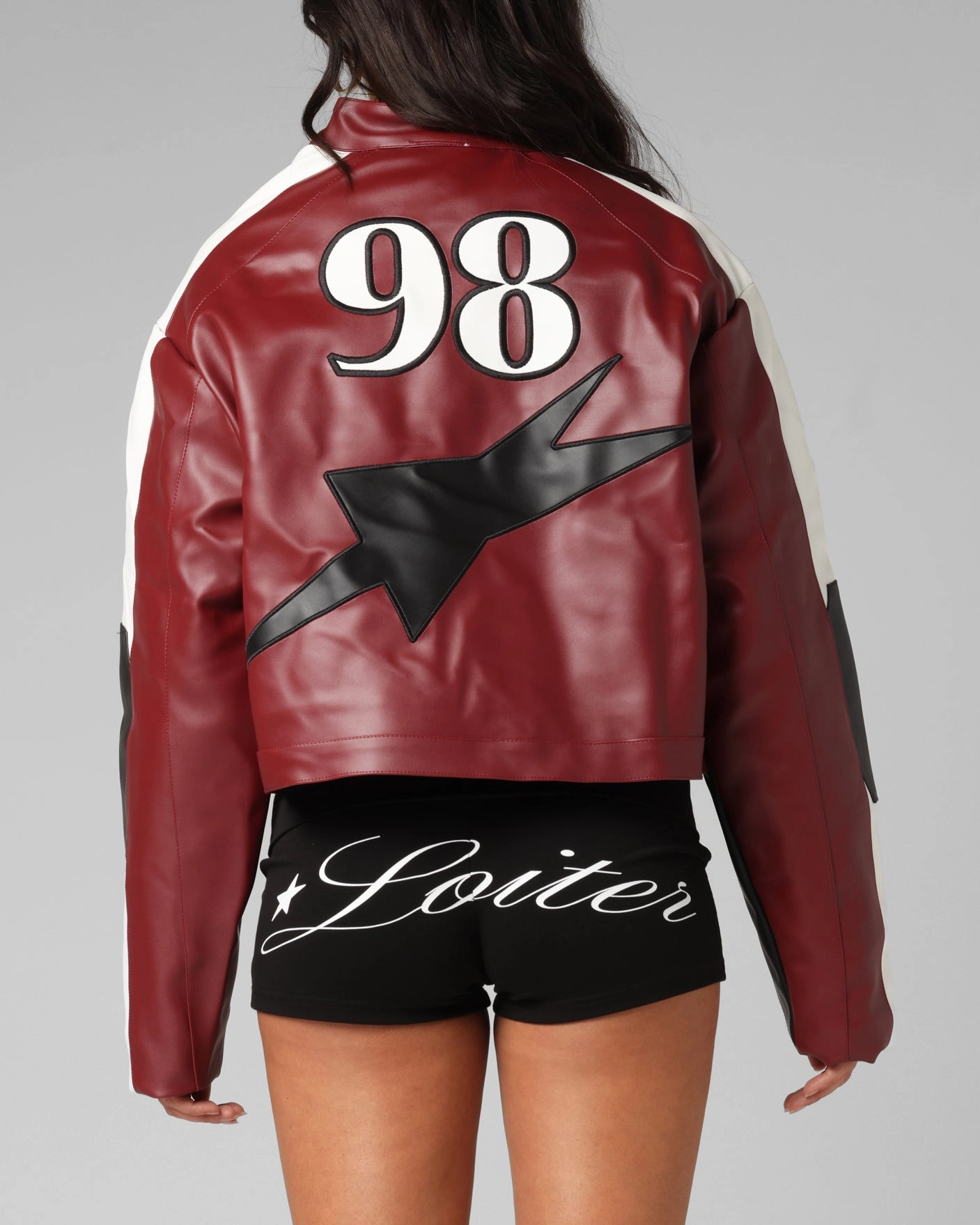 exploration Zippered Vents Loiter Women's Engine Cropped Vegan Leather Jacket Red
