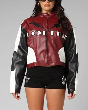 Flexible Layer Loiter Women's Engine Cropped Vegan Leather Jacket Red