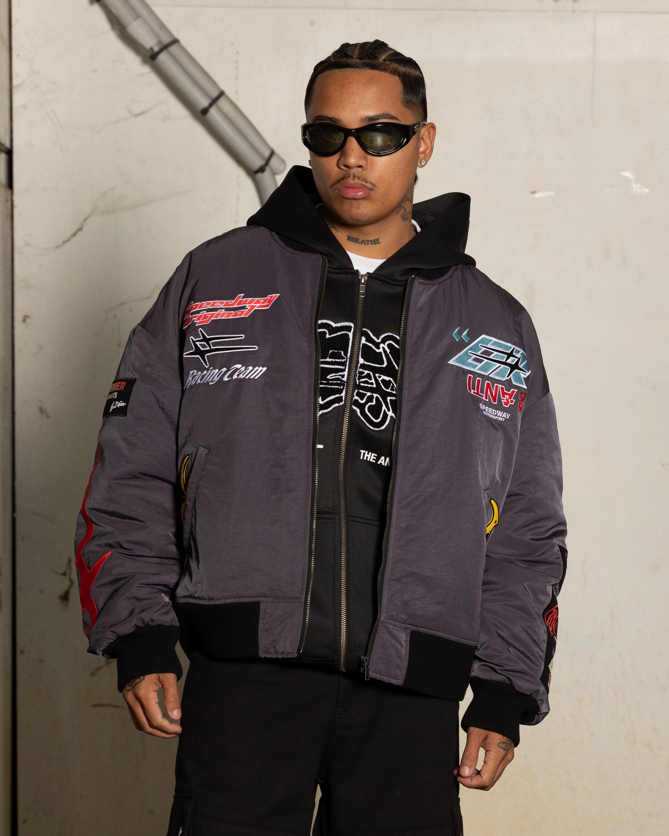 Loiter X The Anti Order Racer Bomber Jacket Charcoal Front Pockets