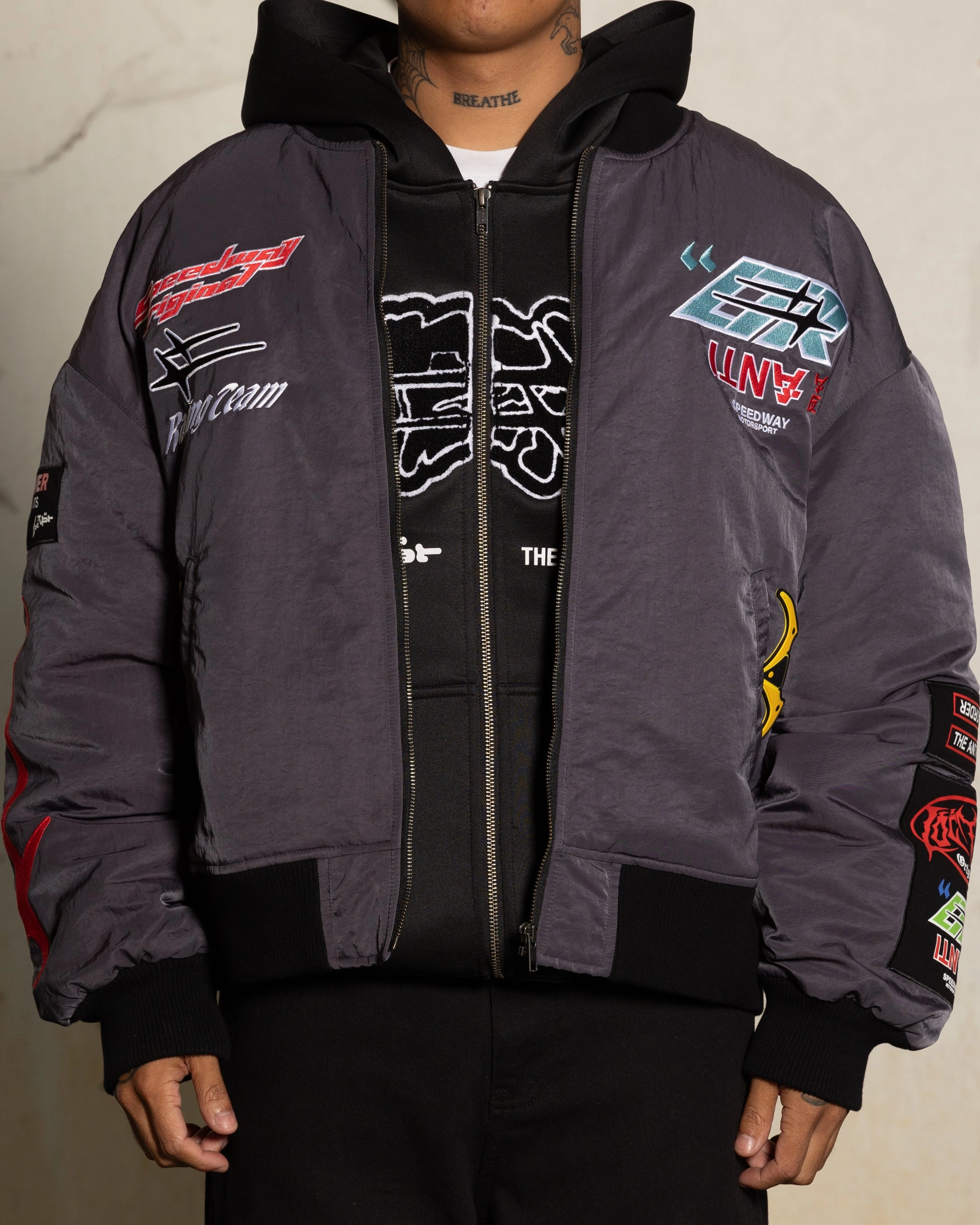 mid-length self - treat Loiter X The Anti Order Racer Bomber Jacket Charcoal