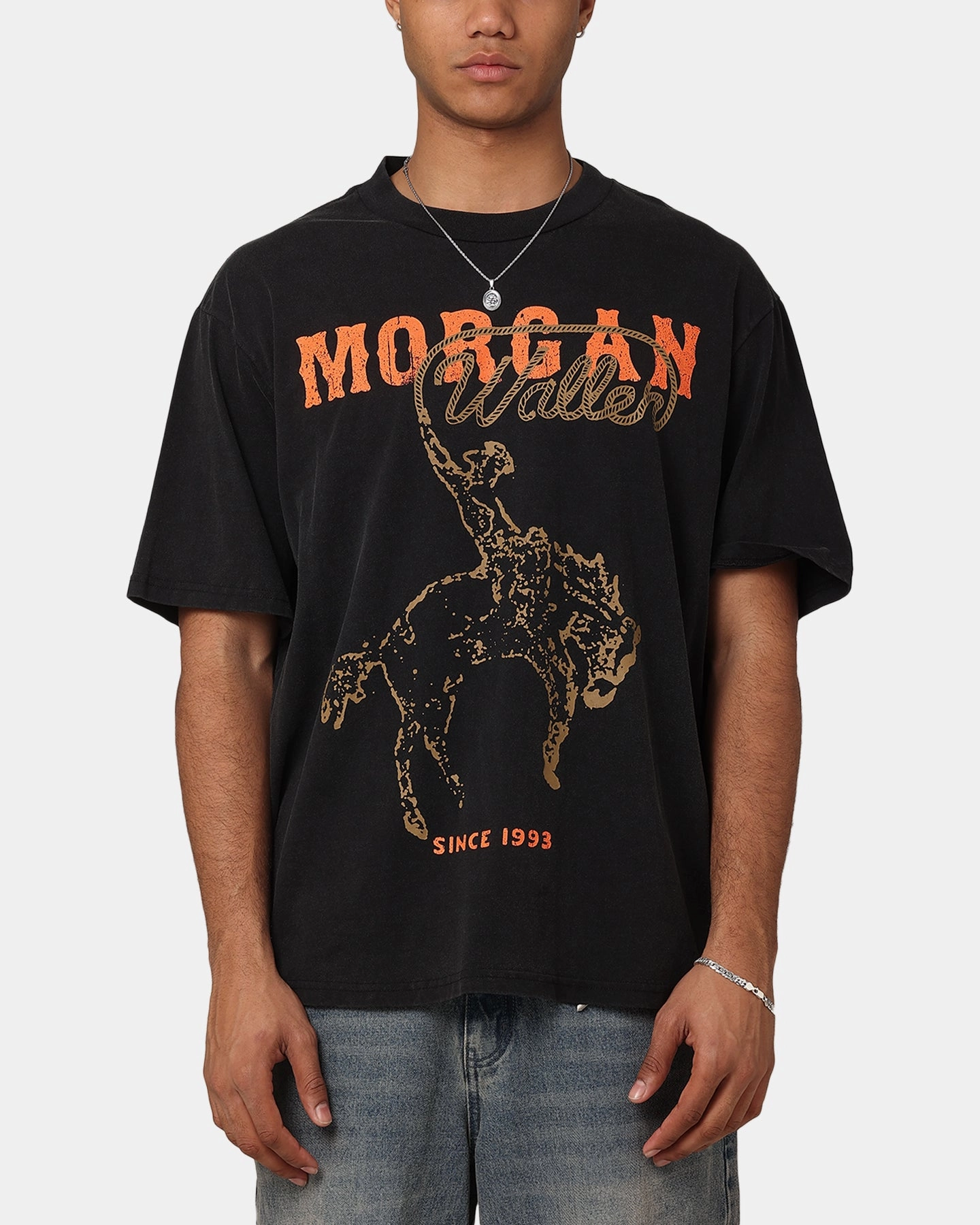 Morgan Wallen Cowboy T-Shirt Washed Black Seam Free Back Minimalist Style