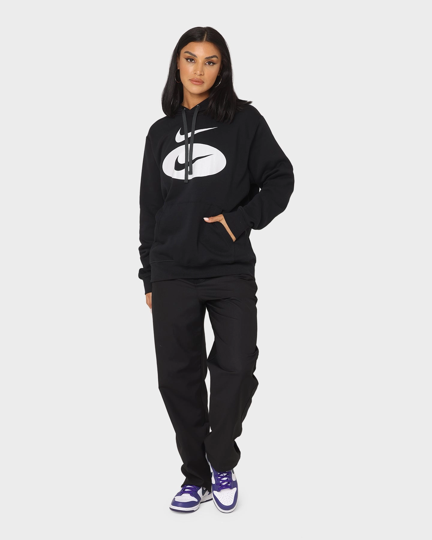 Nike Swoosh League Fleece Pull Over Hoodie Black Barrier Seam Construction Maintain