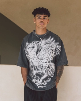 Tagless Neckline Casual Essentials Wear 404 Pegasus Vintage T-Shirt Charcoal