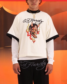 Ed Hardy Devil Ringer T-Shirt Off White Sporty Top athletic style