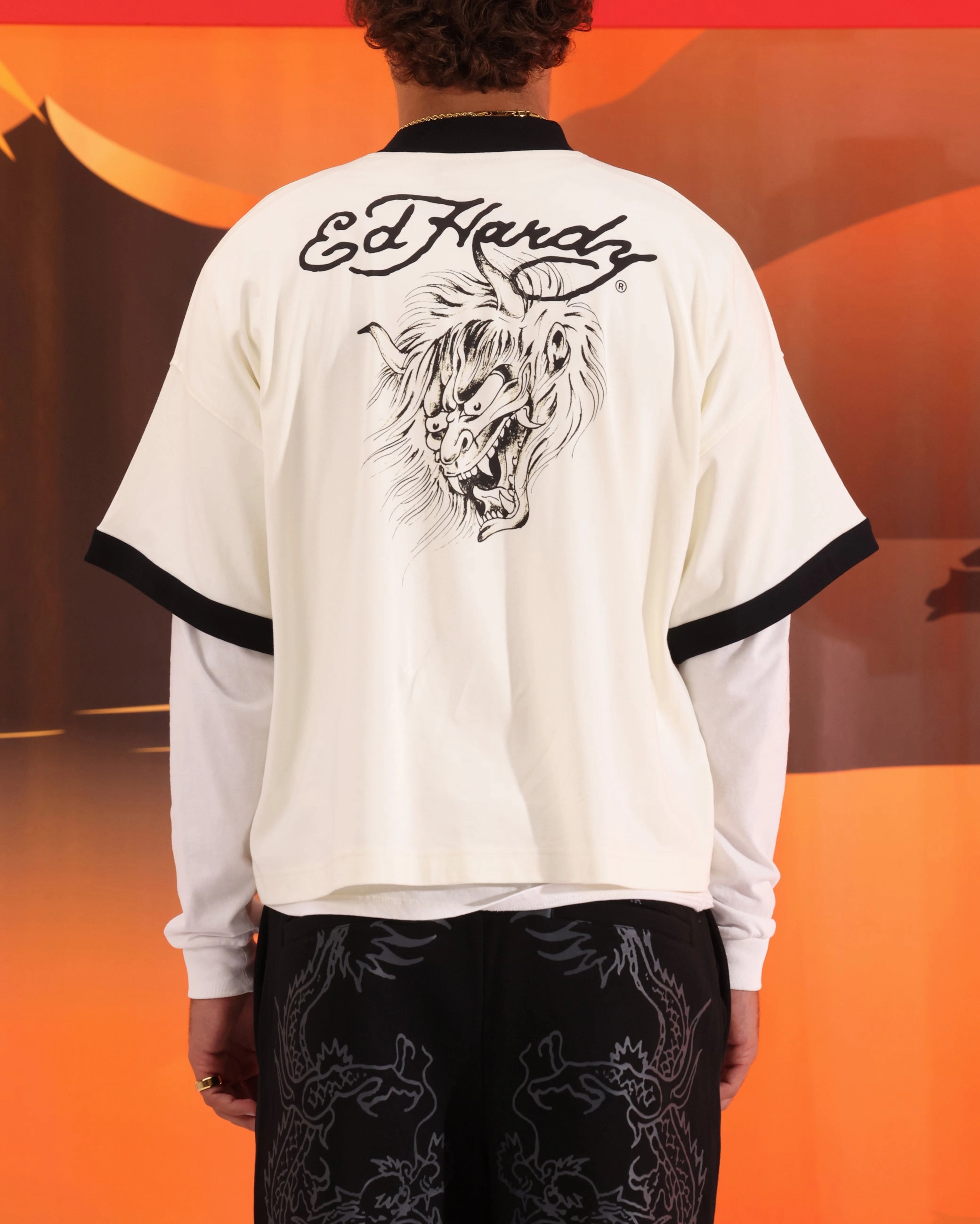Ed Hardy Devil Ringer T-Shirt Off White Lightweight Comfort Wear V neck