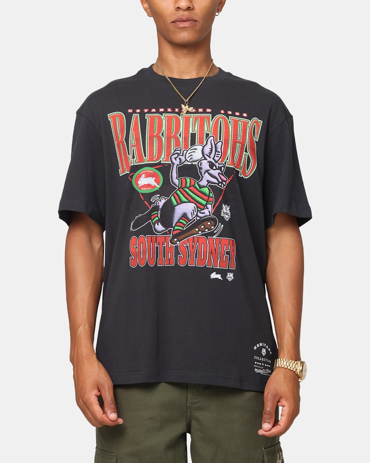Quick Comfort Active Comfort Mitchell & Ness South Sydney Rabbitohs Mascot Character T-Shirt Faded Black