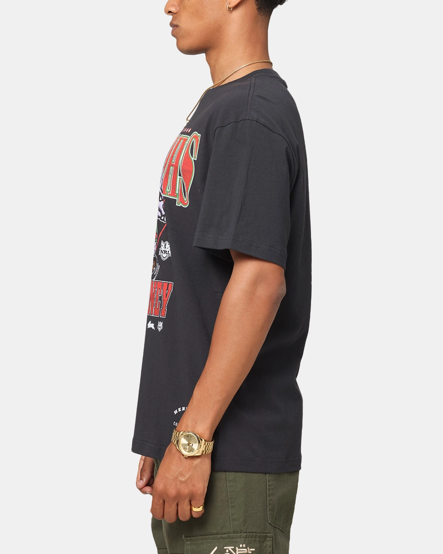 Mitchell & Ness South Sydney Rabbitohs Mascot Character T-Shirt Faded Black SeamlessSidePanels Recycled Polyester Thread