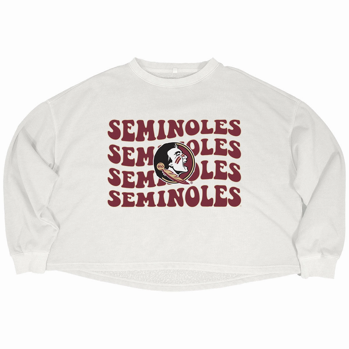 Capri Designs Women's Seminole Logo/Seminoles Design Crop Crew Fleece - White Lightweight Performance Multi Panel Engineering