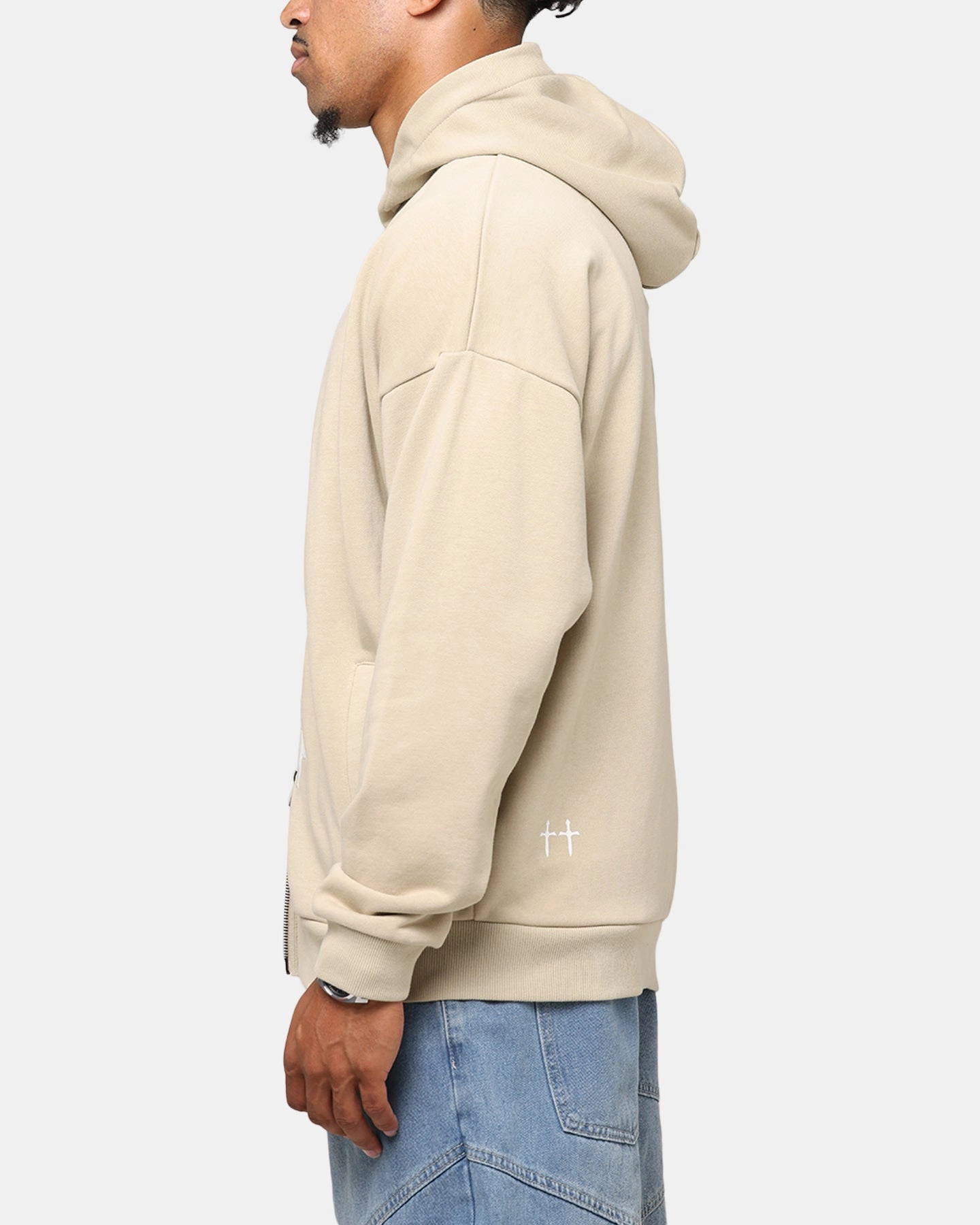 Minimal Cool Saint Morta Gothic Distressed Zip Hoodie Stone