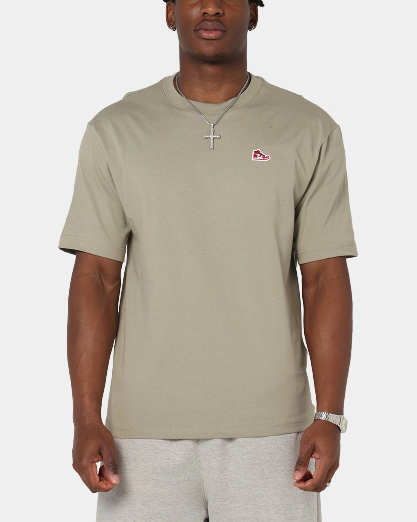 Jordan Brand Sneaker Patch Crewneck T-Shirt Khaki/Black UV Protective Coating Stylish and Fun