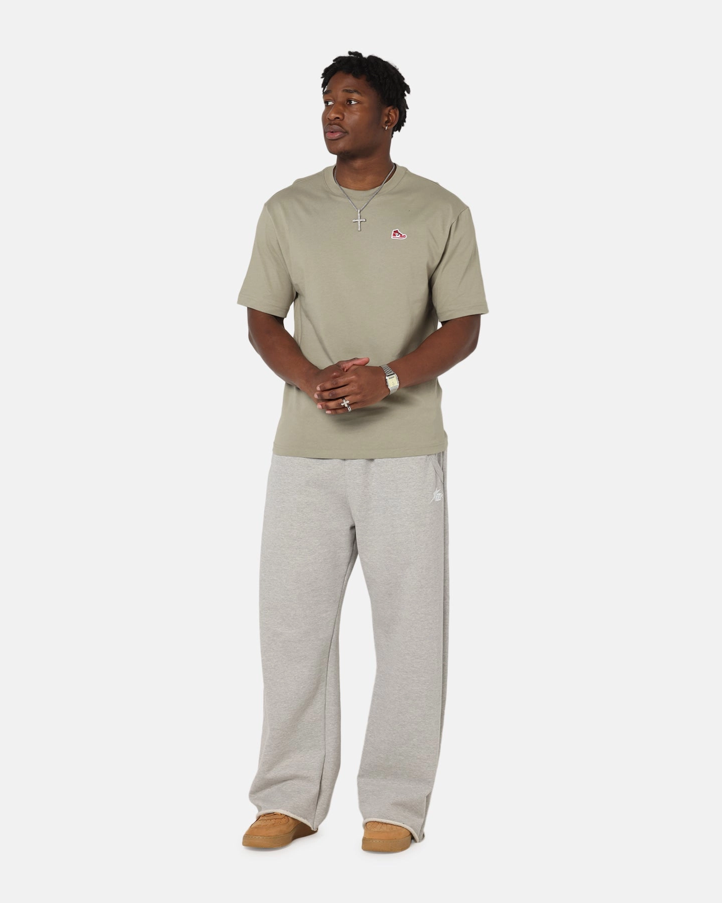 Jordan Brand Sneaker Patch Crewneck T-Shirt Khaki/Black Soft Brushed Finish