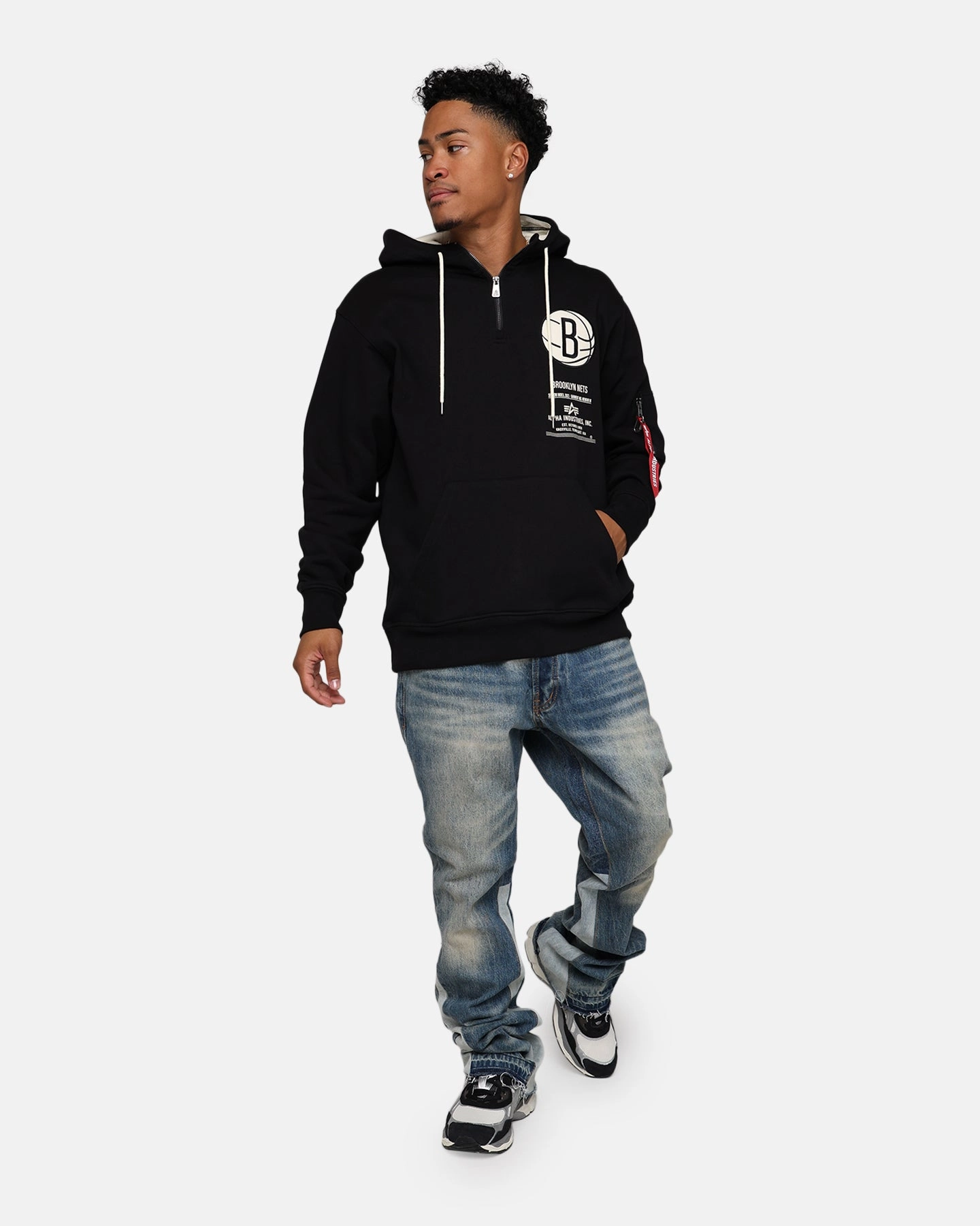 Contoured Fit New Era X Alpha Industries Brooklyn Nets Zipper Hoodie Black