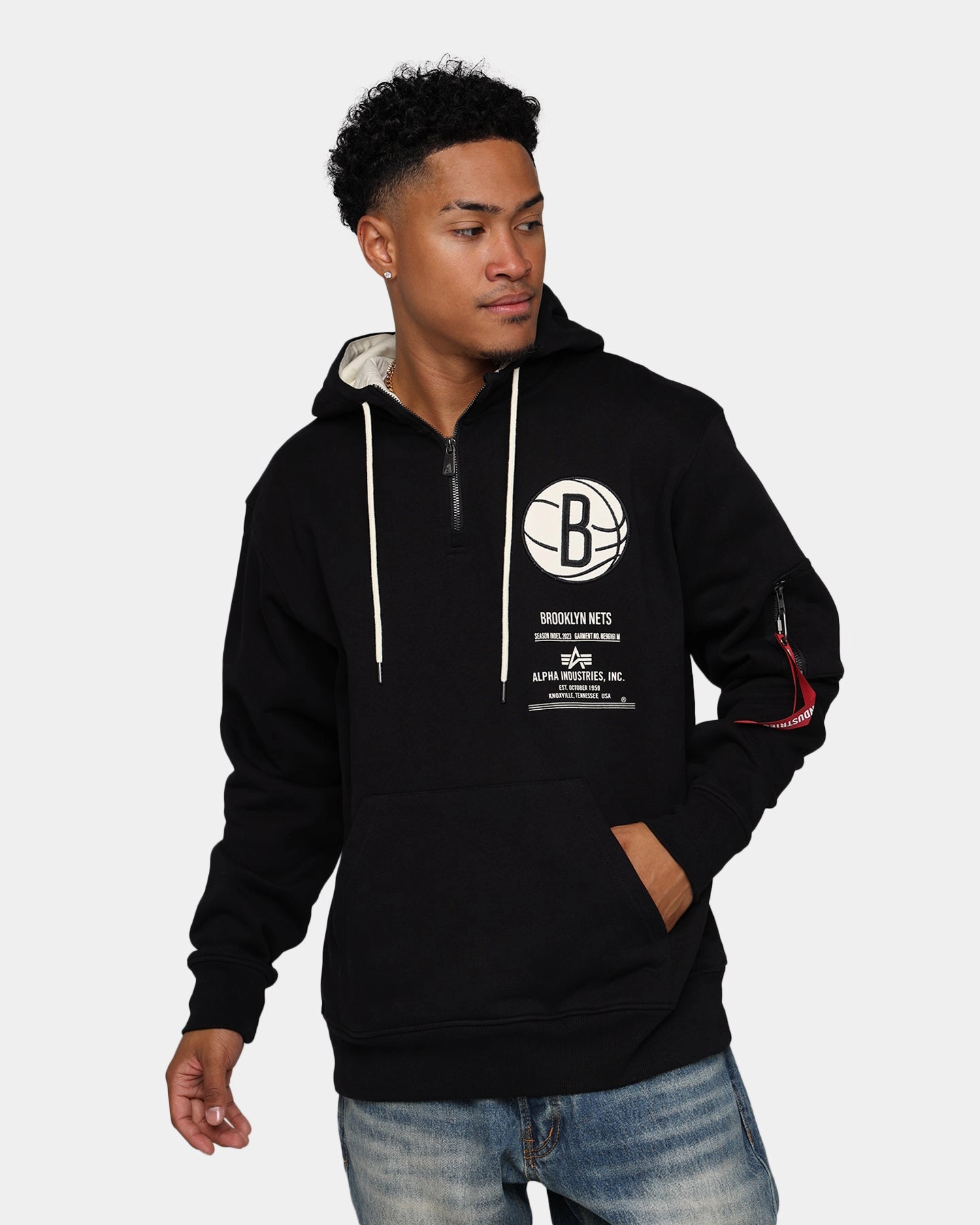 Zipper Closure Drop Hem New Era X Alpha Industries Brooklyn Nets Zipper Hoodie Black