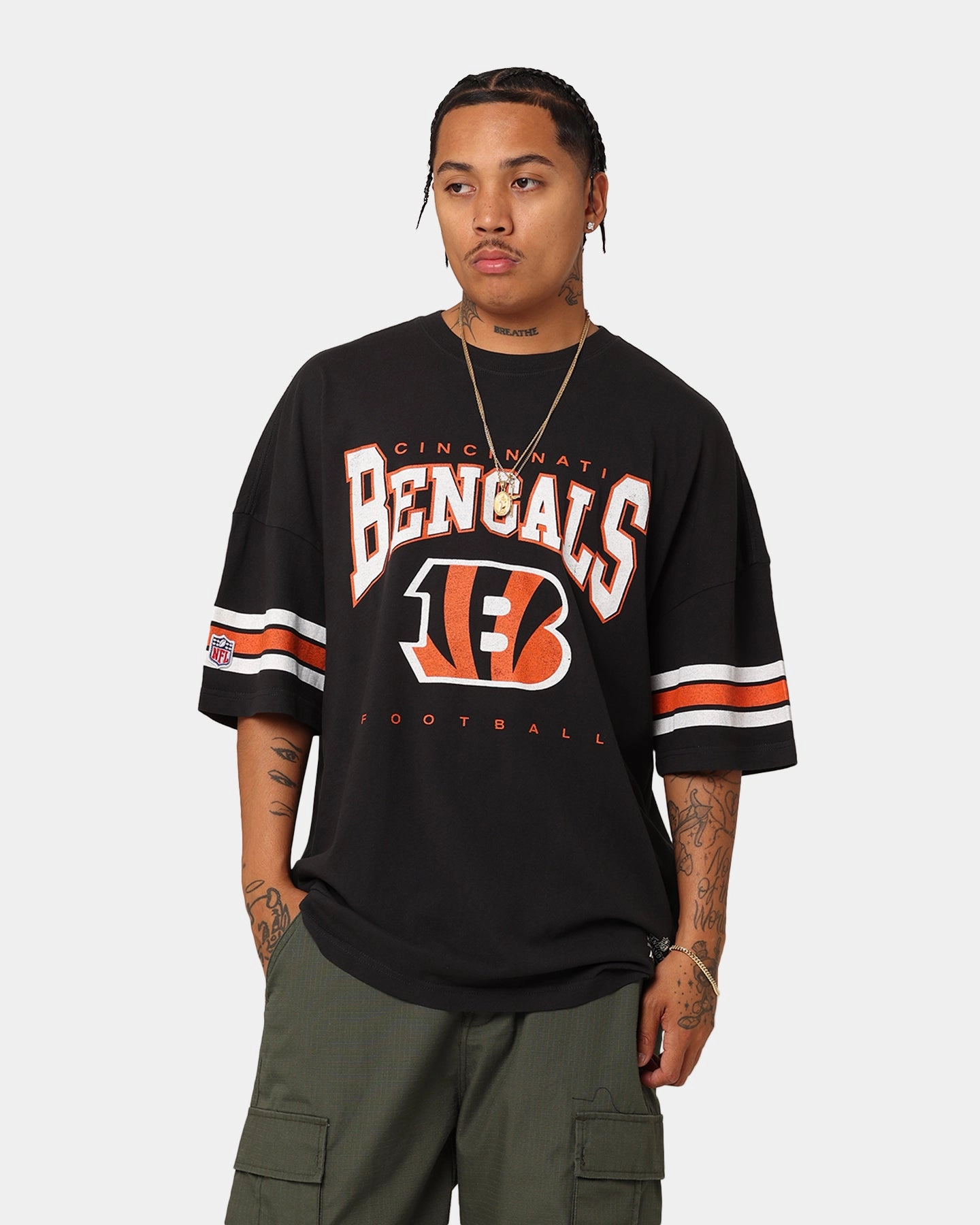 Ethically Sourced Cotton Practical Comfort Majestic Athletic Cincinnati Bengals Vintage Sport Striped Sleeve T-Shirt Faded Black