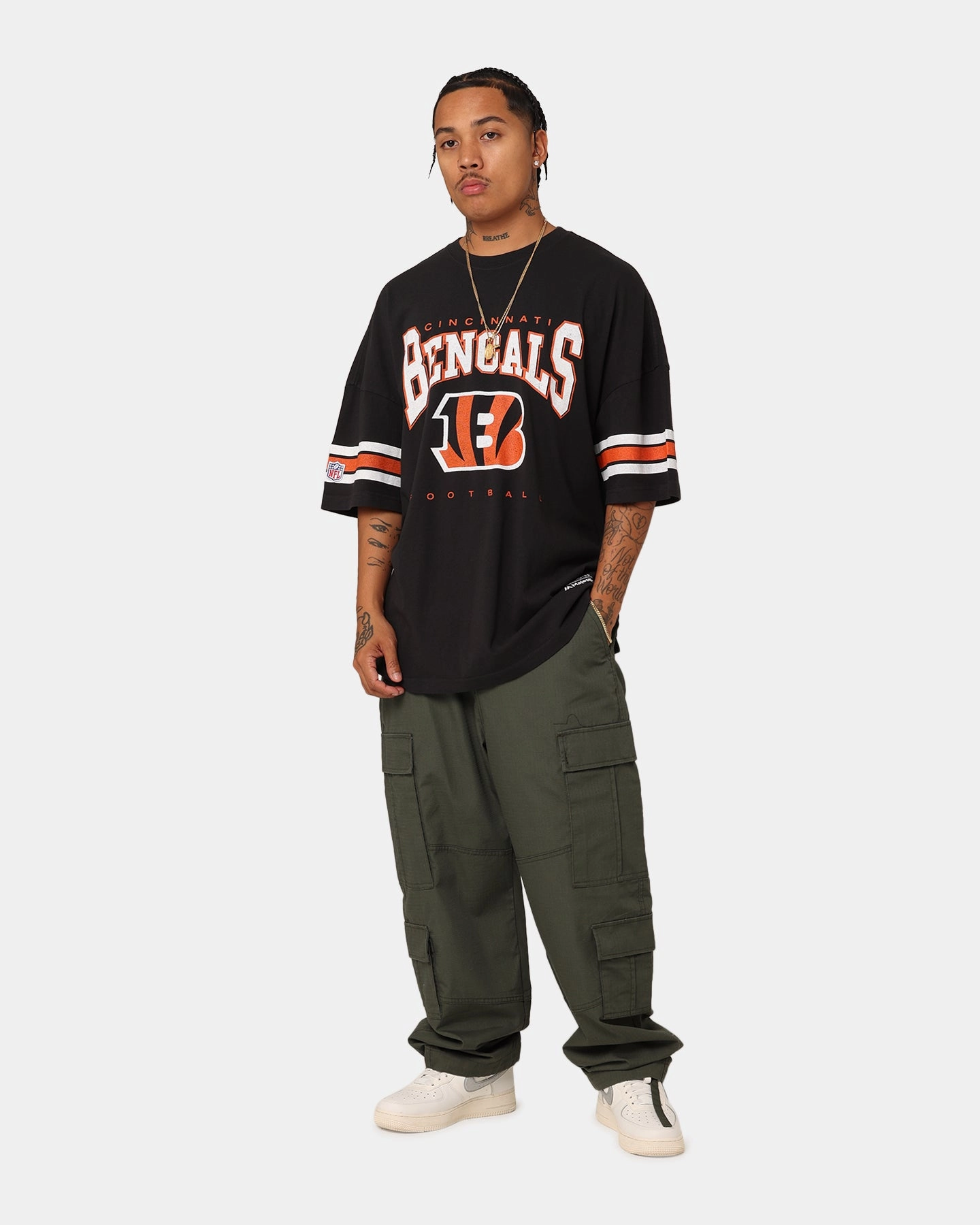 Fresh Style Majestic Athletic Cincinnati Bengals Vintage Sport Striped Sleeve T-Shirt Faded Black