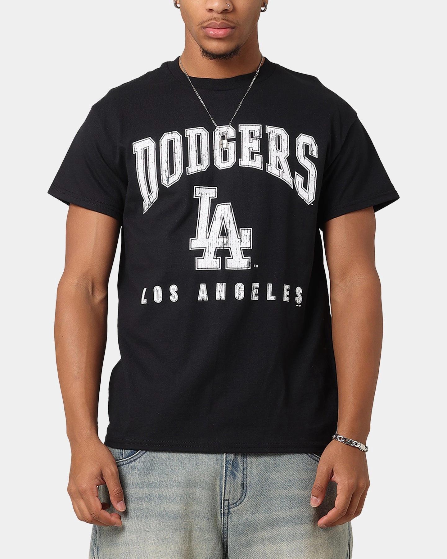 Camping attire ReinforcedHems Majestic Athletic Los Angeles Dodgers Blecker Team Arch T-Shirt Black