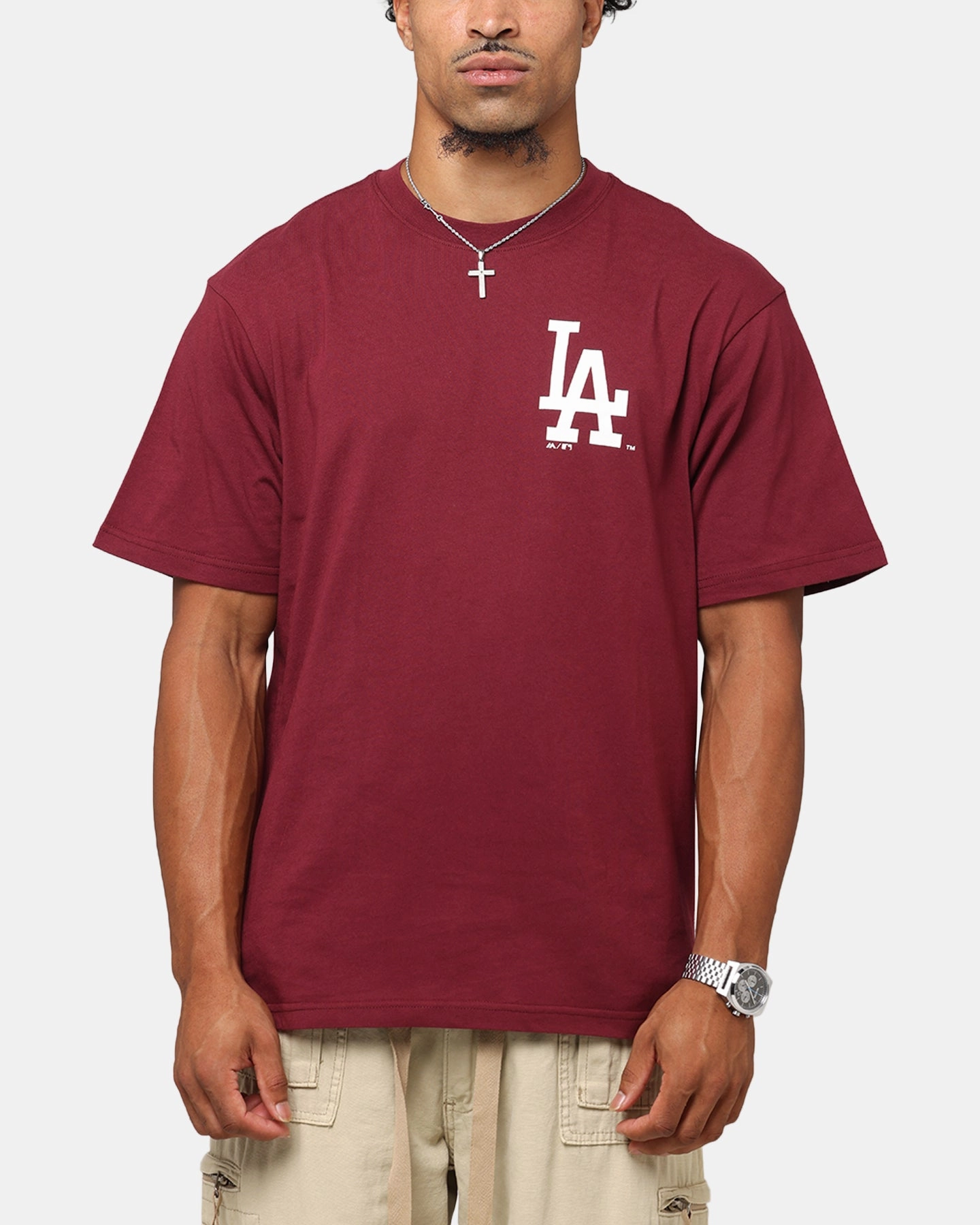 Fit for All Seasons Street Casual Look Majestic Athletic Los Angeles Dodgers Cassell Wordmark T-Shirt Maroon