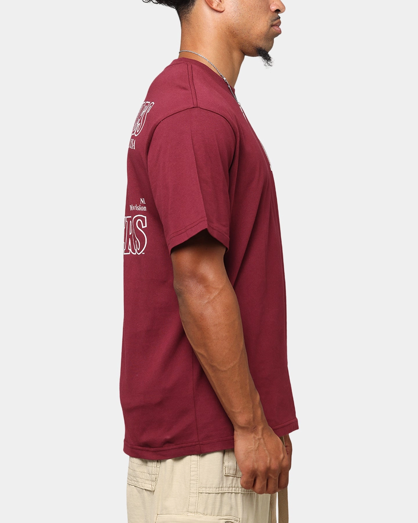 Majestic Athletic Los Angeles Dodgers Cassell Wordmark T-Shirt Maroon Non Restrictive Cut Relaxed Torso Fit