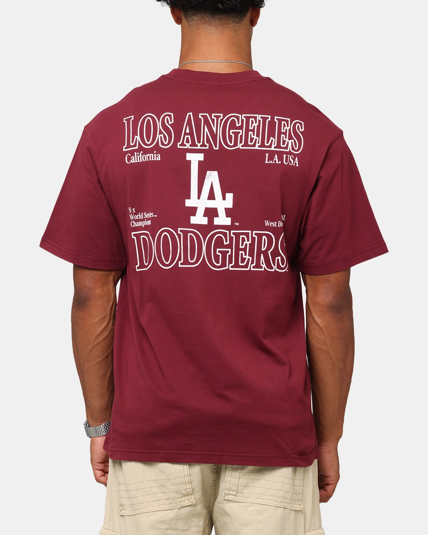 Outdoor Style Feminine Fit Majestic Athletic Los Angeles Dodgers Cassell Wordmark T-Shirt Maroon