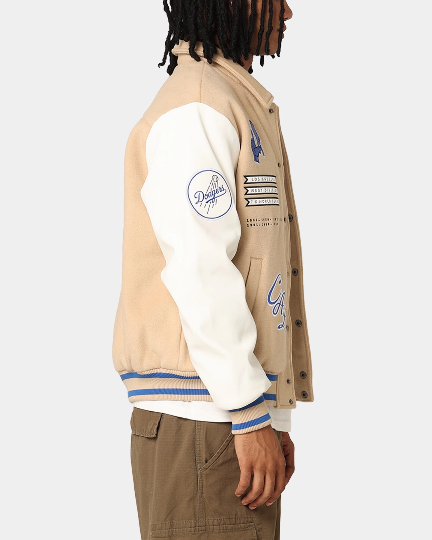 bike tour Flexible Seams Majestic Athletic Los Angeles Dodgers City PU Melton Letterman Jacket Oatmilk