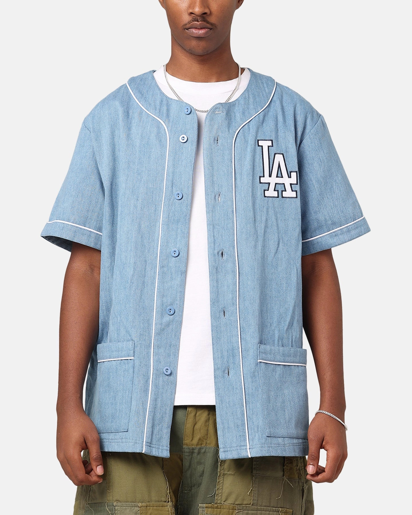 Majestic Athletic Los Angeles Dodgers Denim Button Up Shirt Washed Blue Denim Contoured Ergonomic Fit Reinforced Stitching