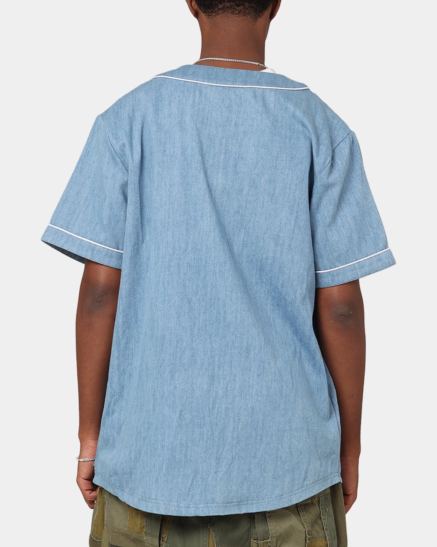 Majestic Athletic Los Angeles Dodgers Denim Button Up Shirt Washed Blue Denim Weightless Layering Material Smooth Zone Paneling