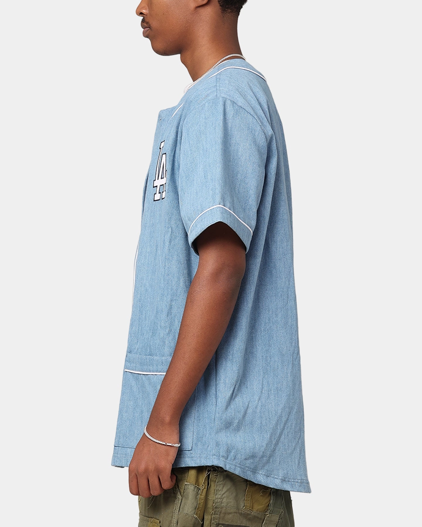 Majestic Athletic Los Angeles Dodgers Denim Button Up Shirt Washed Blue Denim Eco Conscious Manufacturing