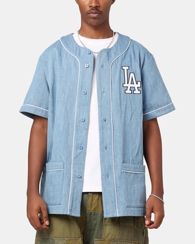 Majestic Athletic Los Angeles Dodgers Denim Button Up Shirt Washed Blue Denim Contoured Ergonomic Fit Reinforced Stitching