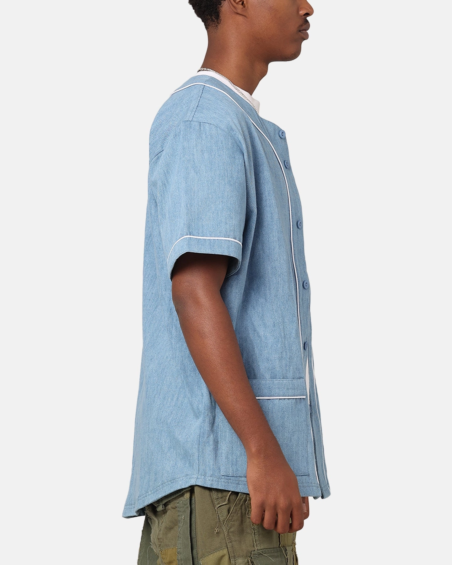 Majestic Athletic Los Angeles Dodgers Denim Button Up Shirt Washed Blue Denim Airflow Channel Design Low Impact Dye Process