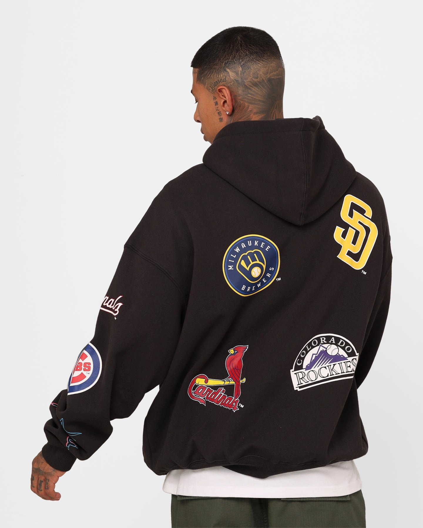 Check Hooded Storage Compartment Majestic Athletic MLB League Patch Hoodie Black
