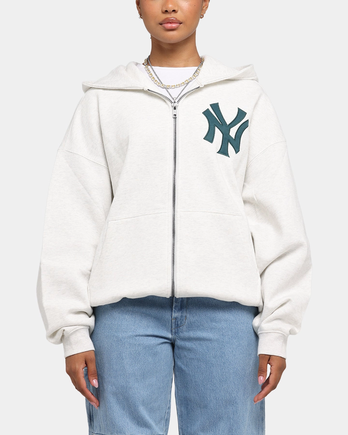 Majestic Athletic New York Yankees Arch FZ Boxy Hoodie White Marle Paper Sort