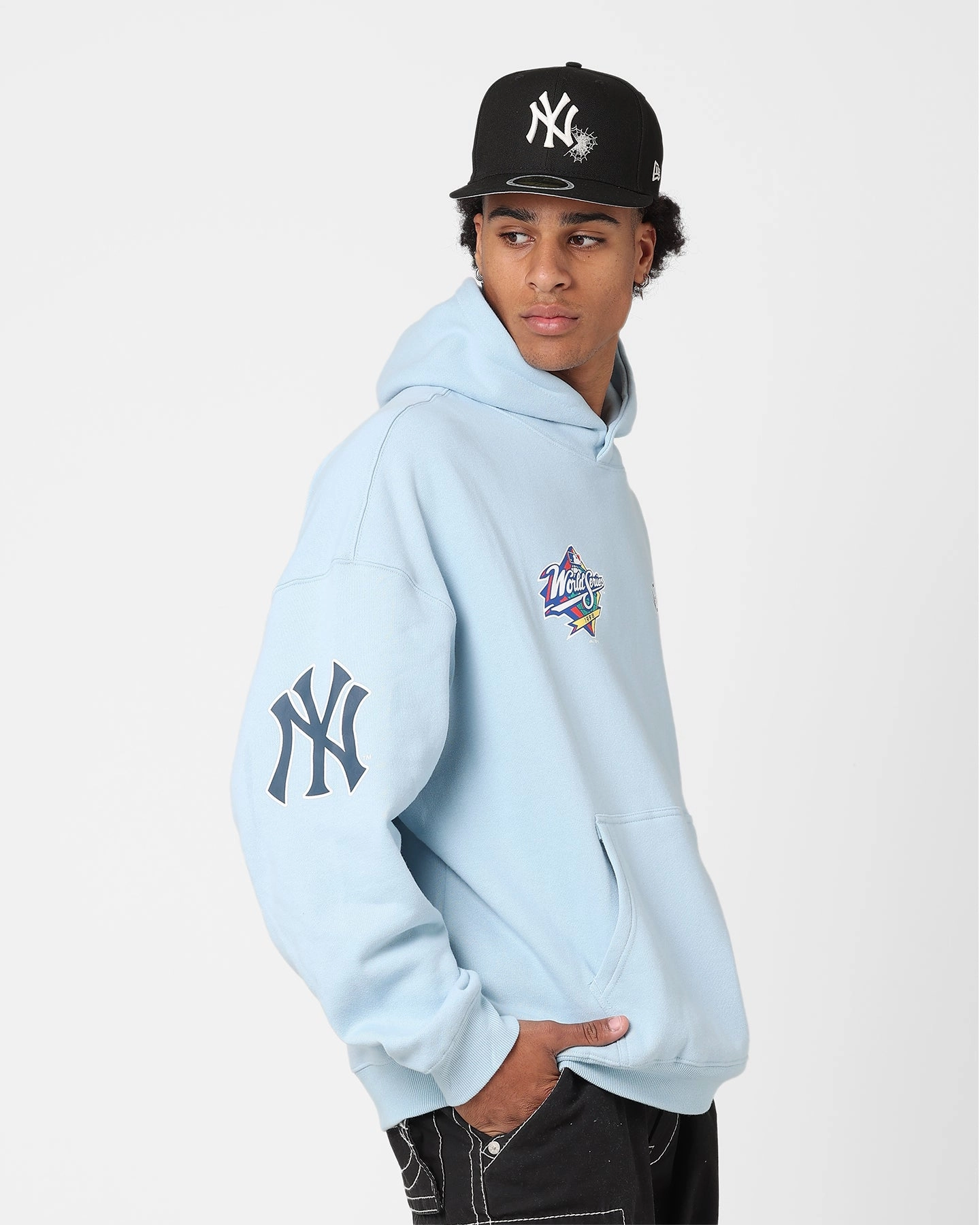 Participate discounted Majestic Athletic New York Yankees Vintage Athletic Pop Neck Hoodie Glacial Blue