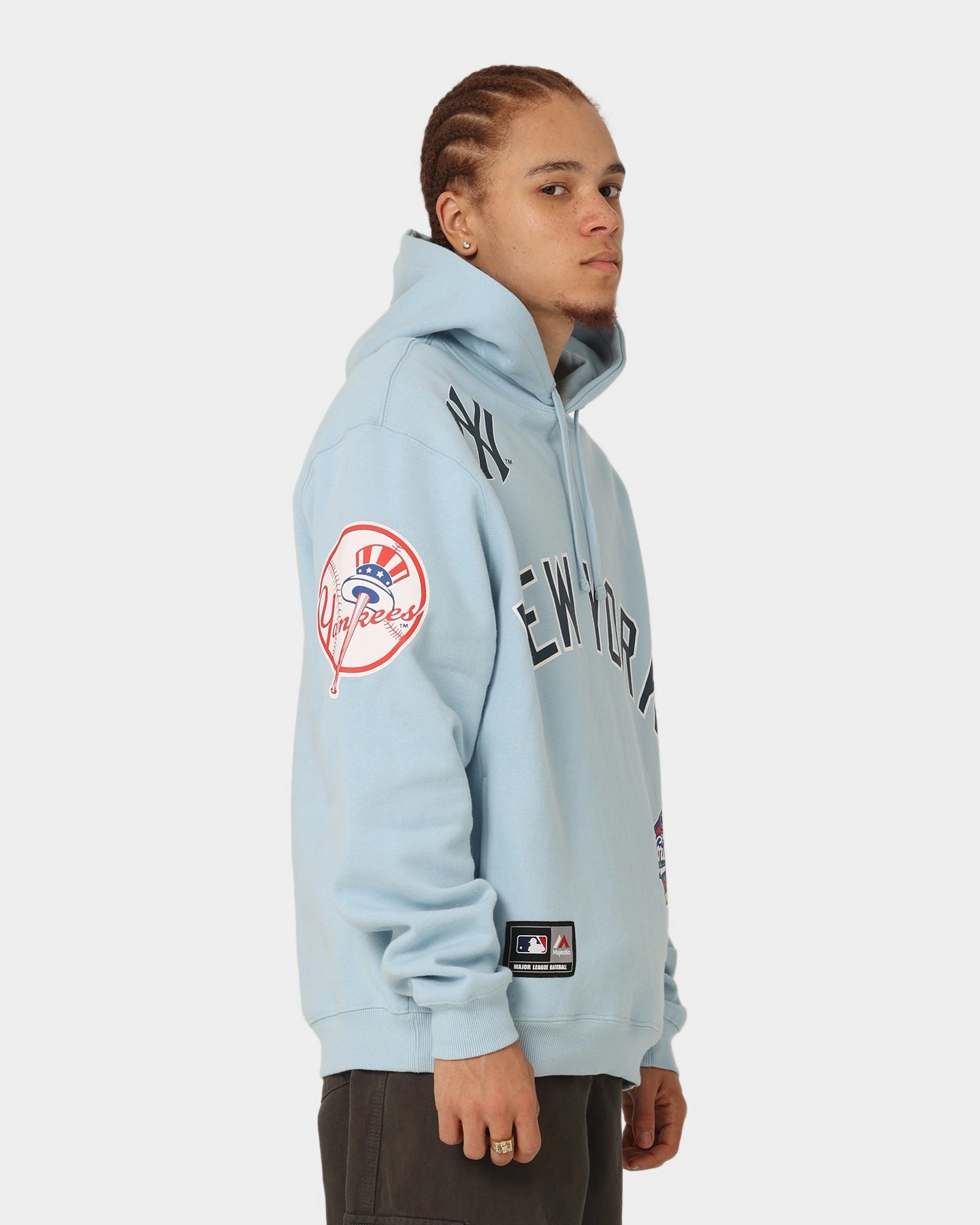 AdjustableHood Light Reflective Majestic Athletic New York Yankees World Series Champ Graphic Hoodie Glacial Blue