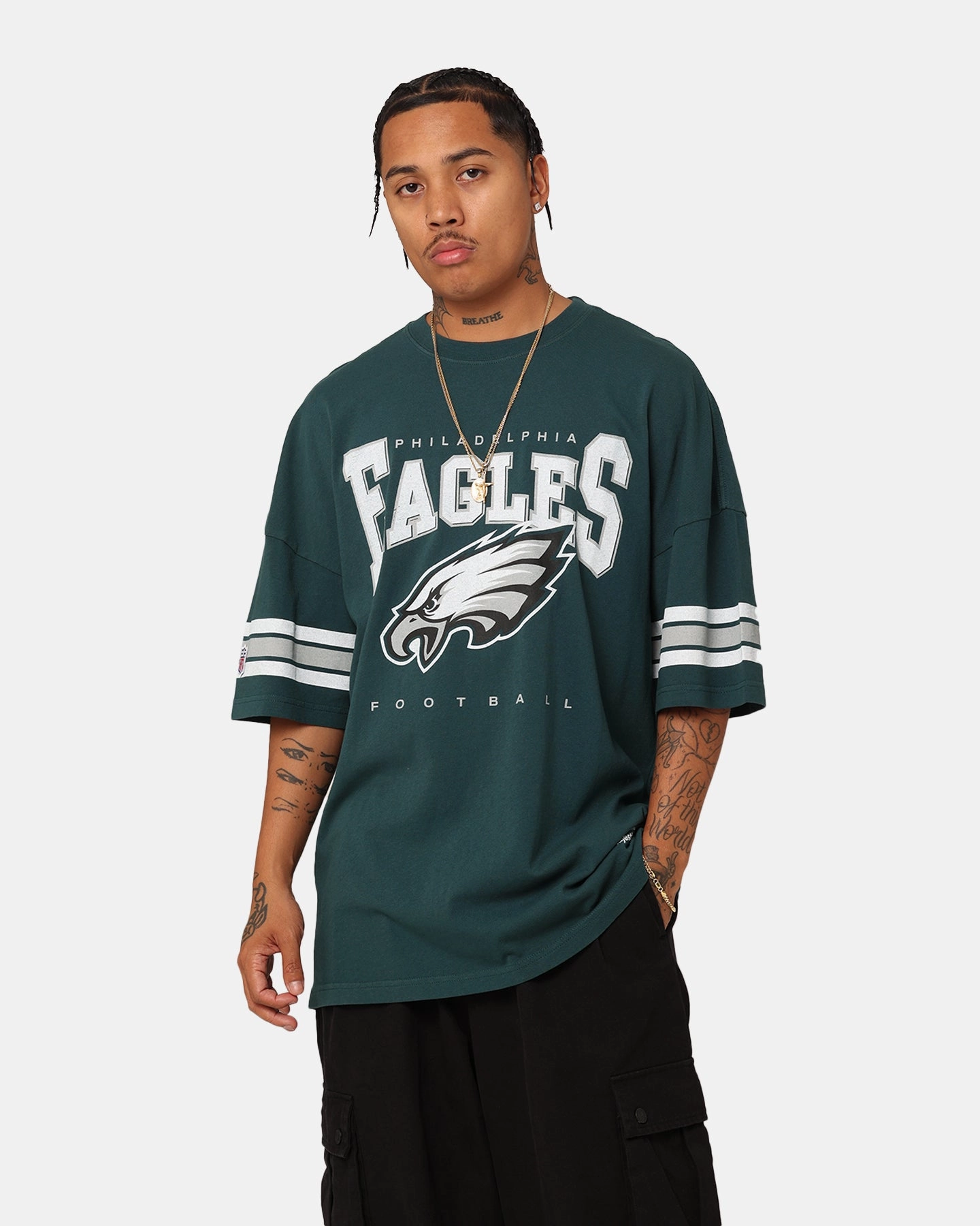 Majestic Athletic Philadelphia Eagles Vintage Sport Striped Sleeve T-Shirt Faded Teal Striped Pattern