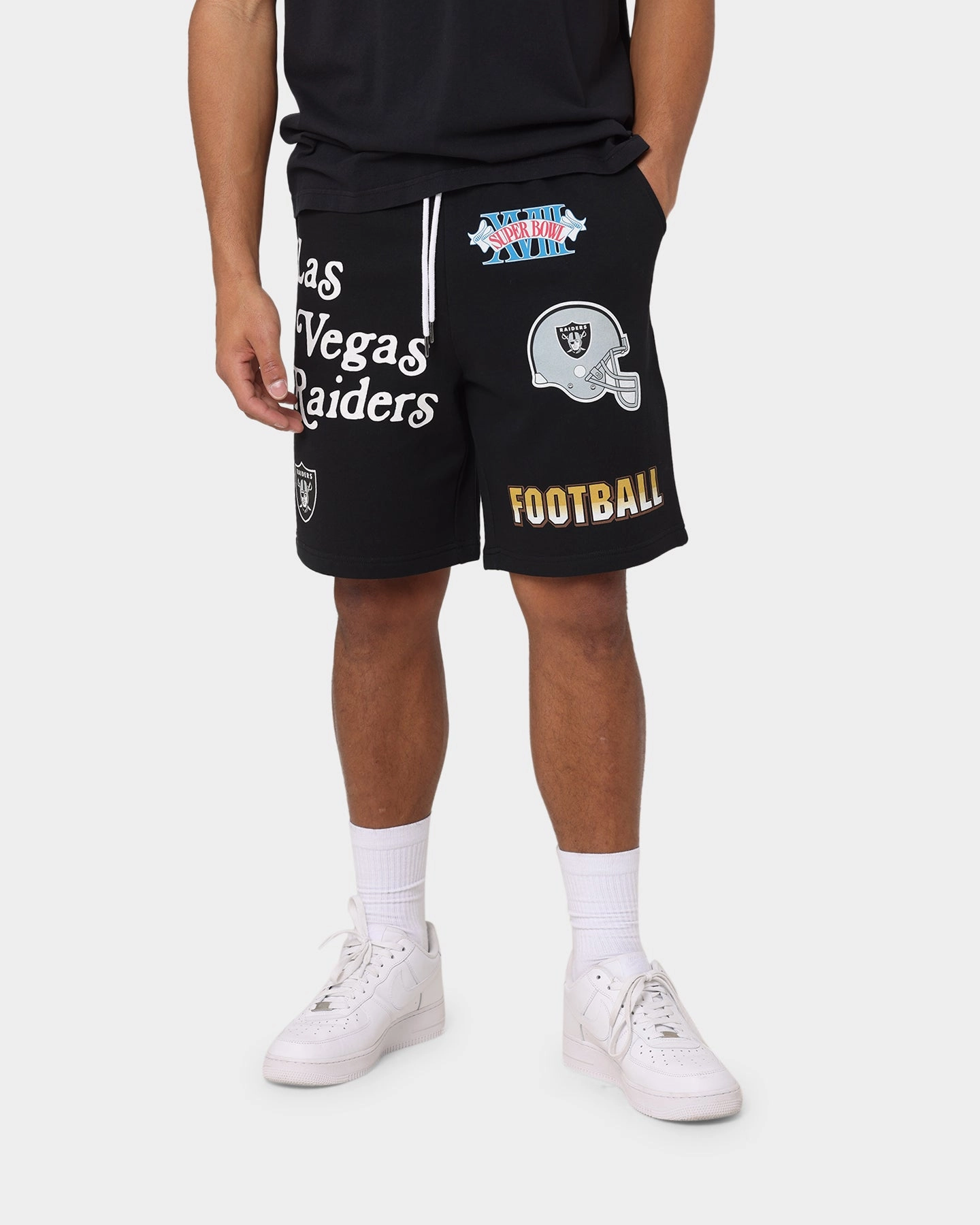 Majestic Athletics Las Vegas Raiders Puff Print Patch Fleece Shorts Faded Black Solid Color Beach Vacation