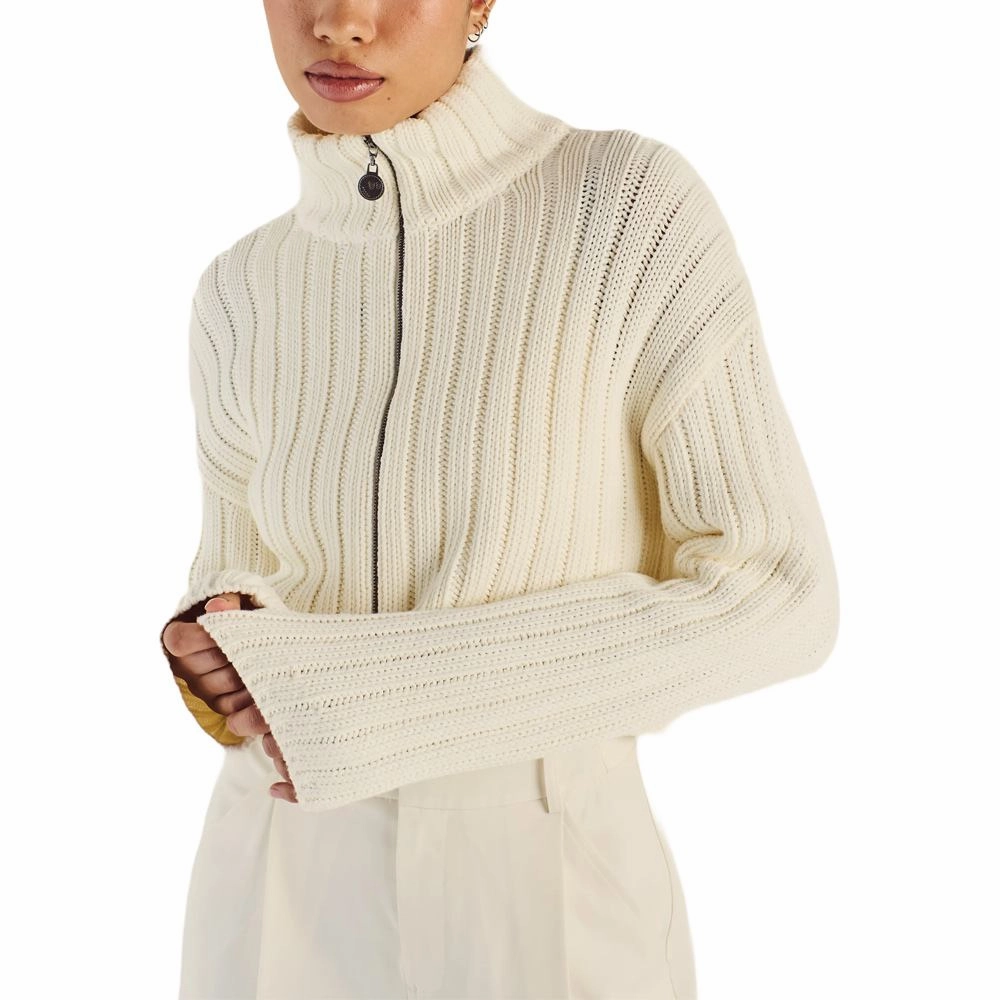 FullLengthZip Adjustable Cuffs Malbon Allegra Chunky Knit Zip Up Golf Pullover Ivory - SS25 Women