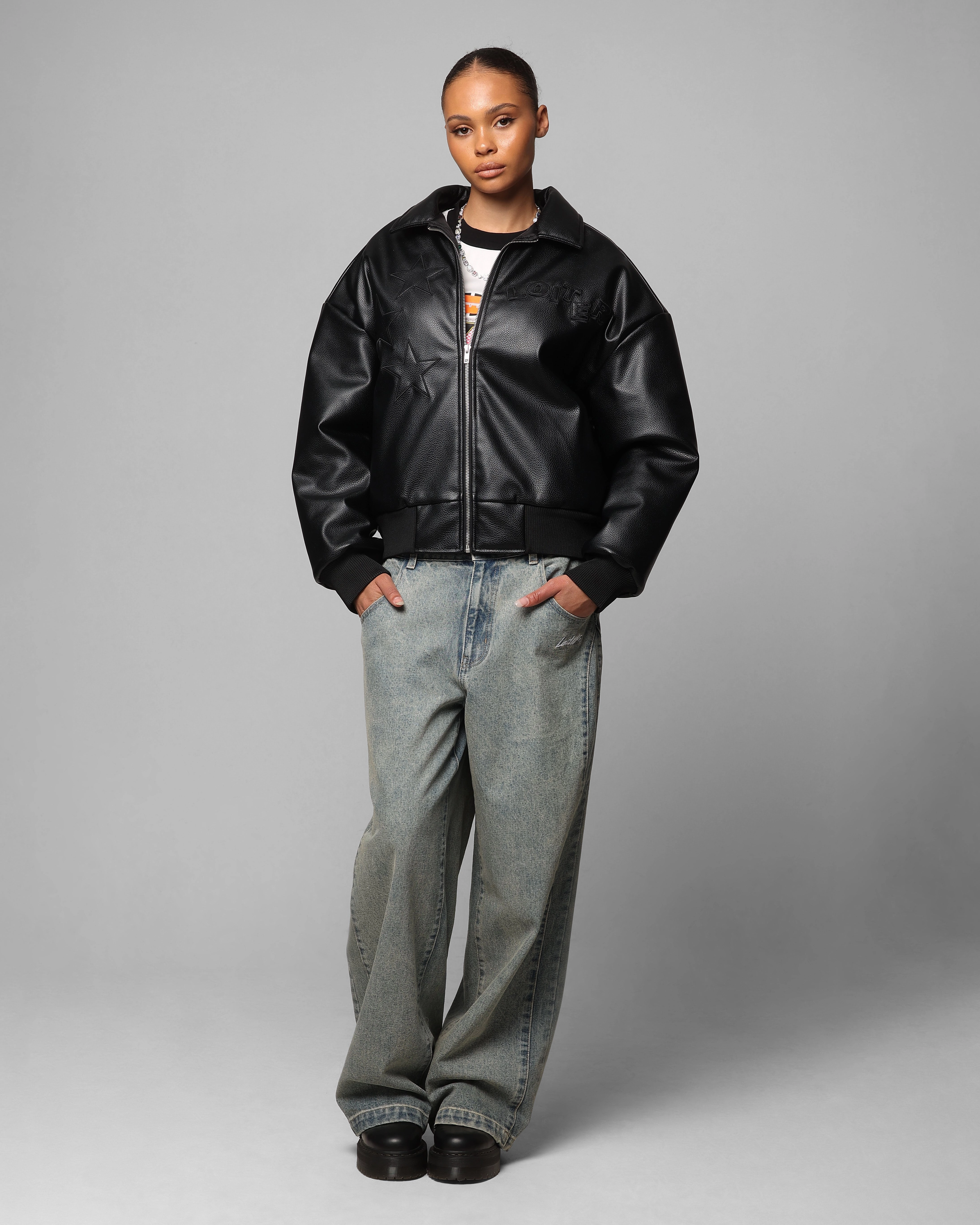 Loiter Solar Vegan Leather Varsity Jacket Black windproof Double Stitched Seams