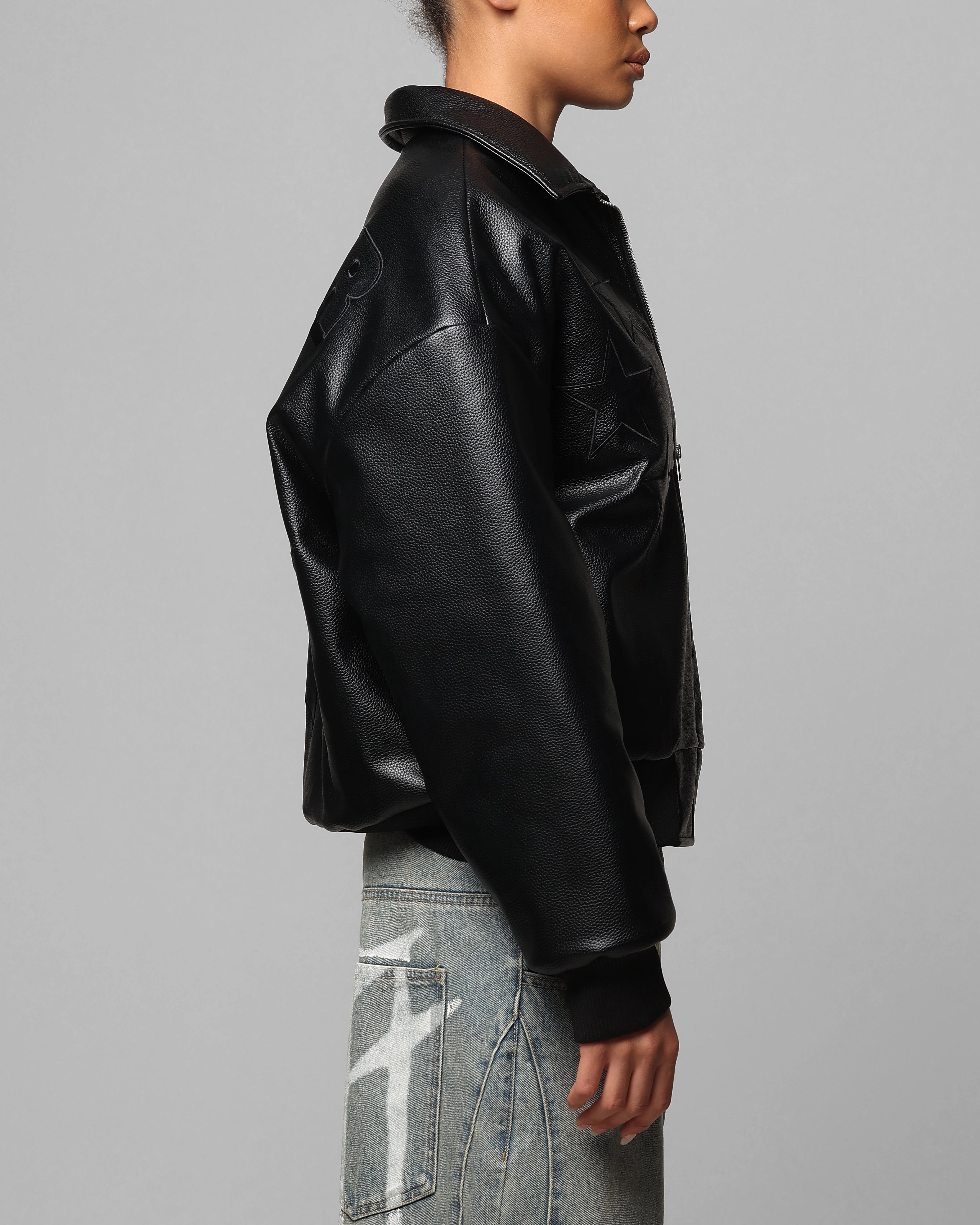 Loiter Solar Vegan Leather Varsity Jacket Black elderly people