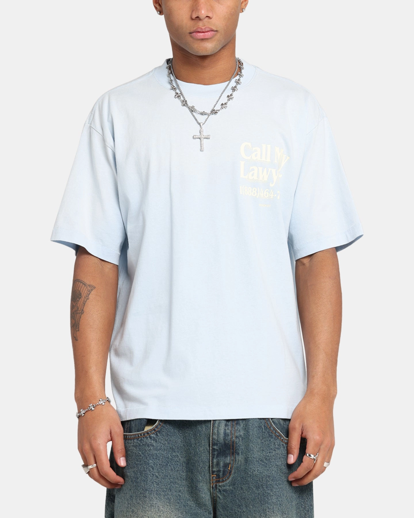 Breathable mesh panel Stretchable Armholes Market Call My Lawyer 3D T-Shirt Light Blue