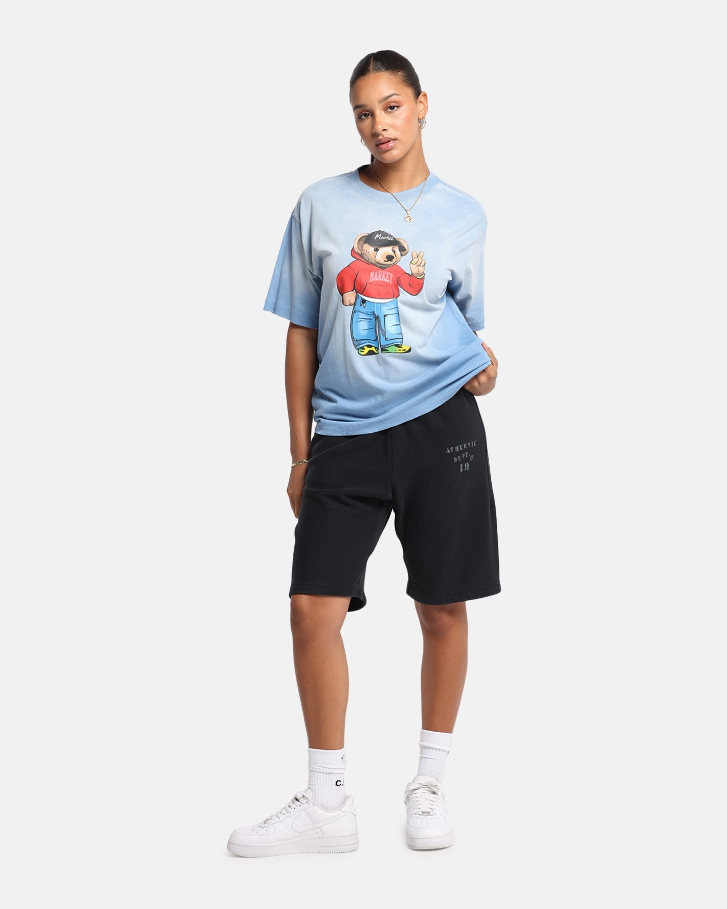 Market Fit Check Bear T-Shirt Sky Blue Chic and Cozy Wear FunctionalPockets