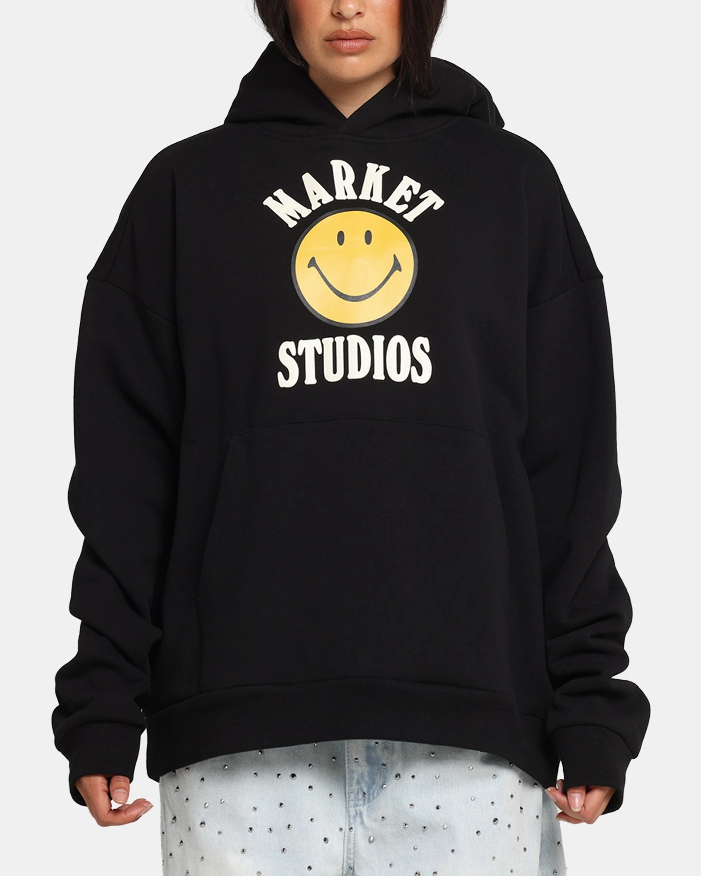 Market Smiley Lockup Hoodie Black Reinforced Hemline