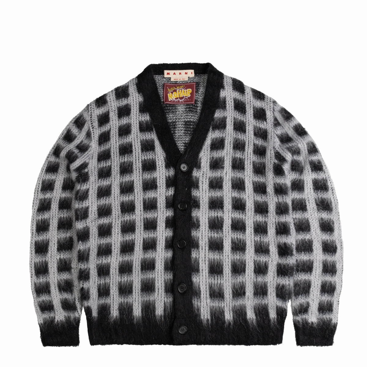 Marni Brushed Check Cardigan 'Black' fuzzy texture