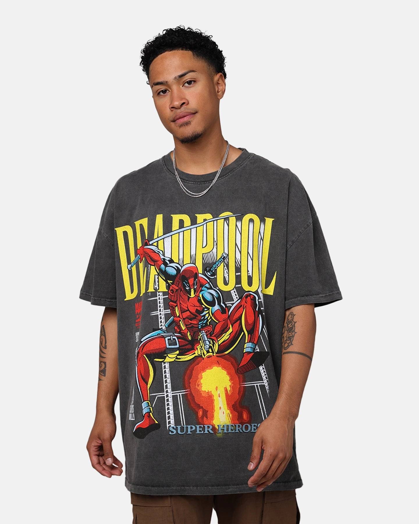 Street Casual Look Marvel Deadpool Comic Heavyweight T-Shirt Black Wash