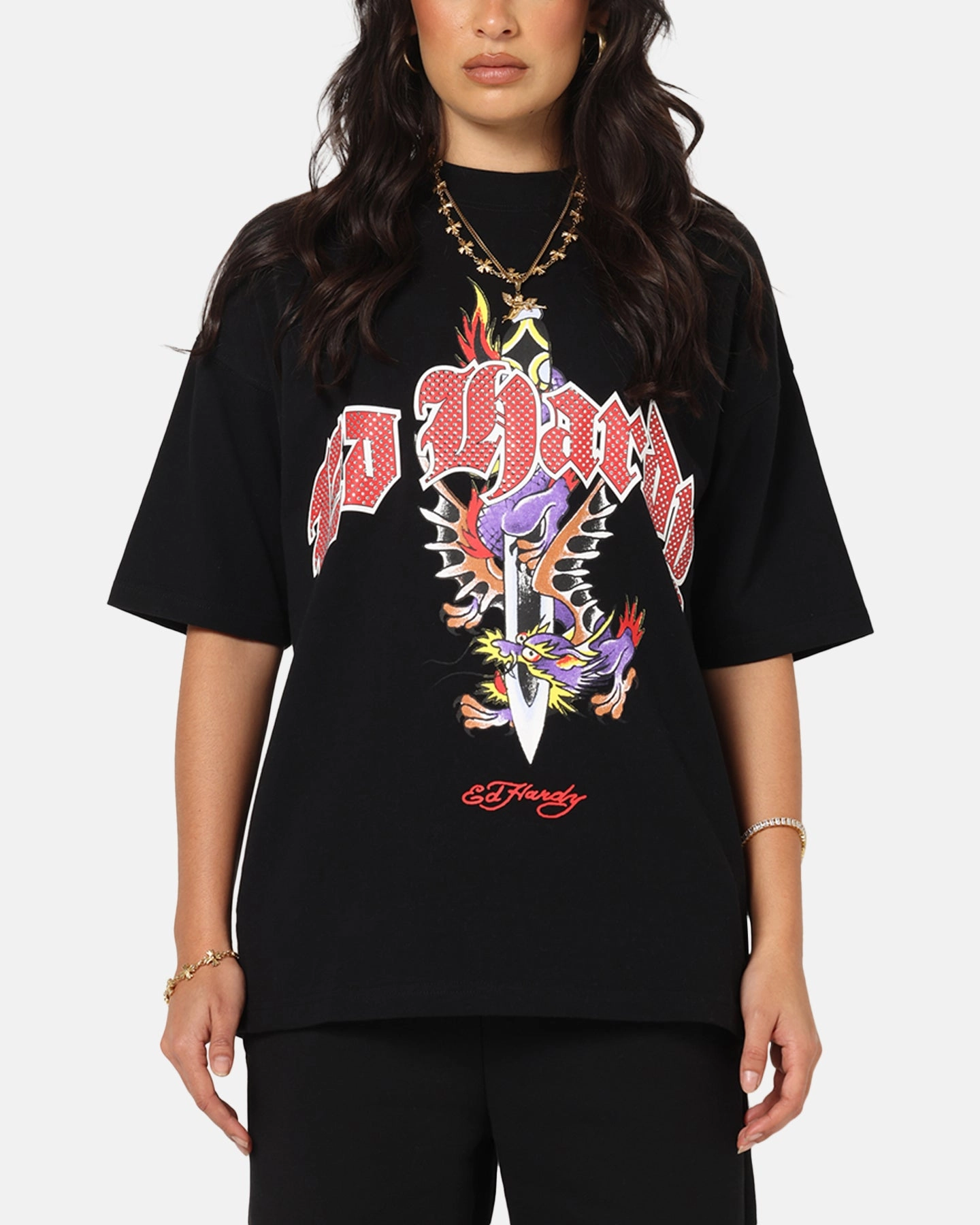 Ed Hardy Dagger Rhinestone Crop T-Shirt Black Weekend Wardrobe