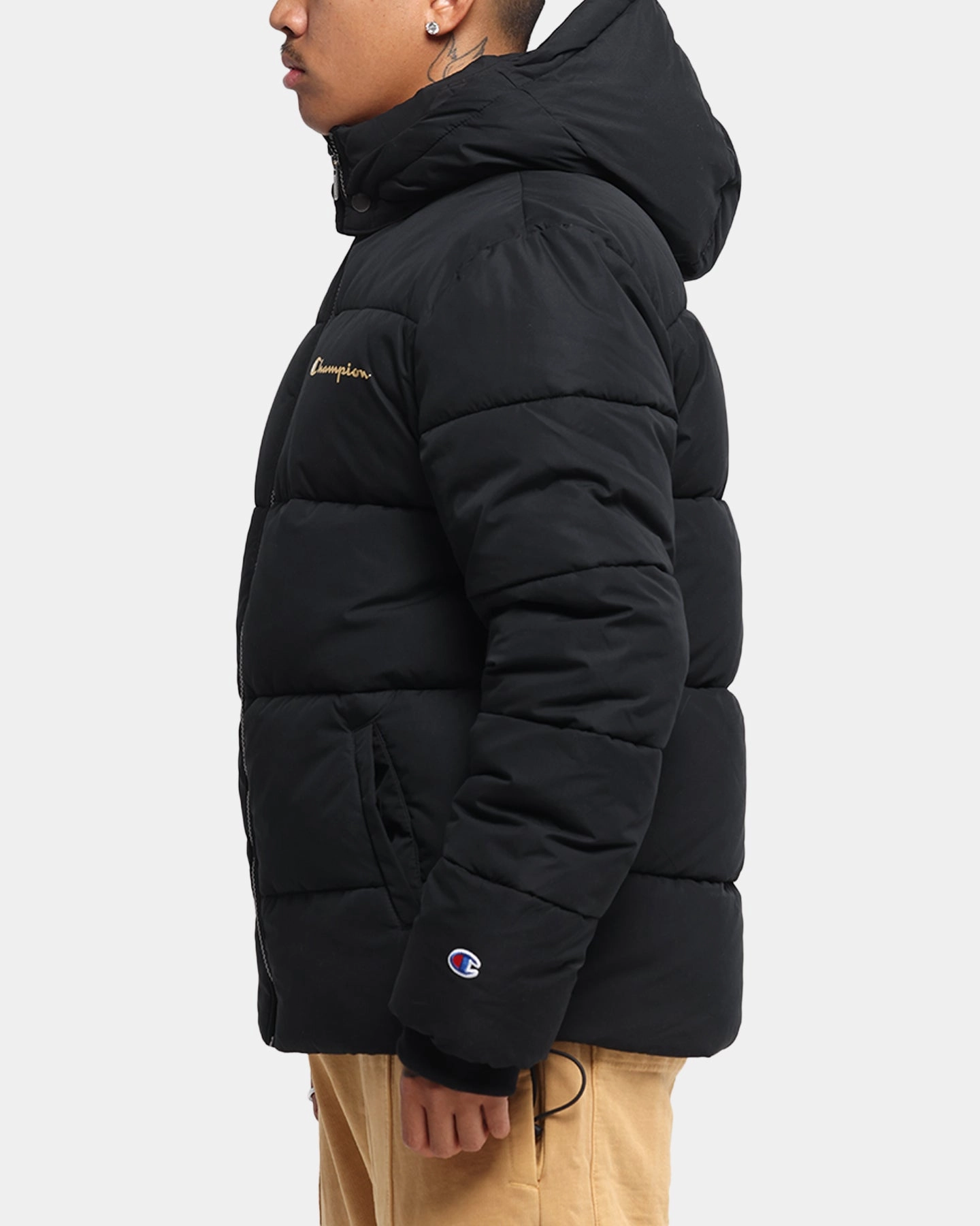 Champion Rochester Puffer Jacket Black/Gold Double Stitched Edging