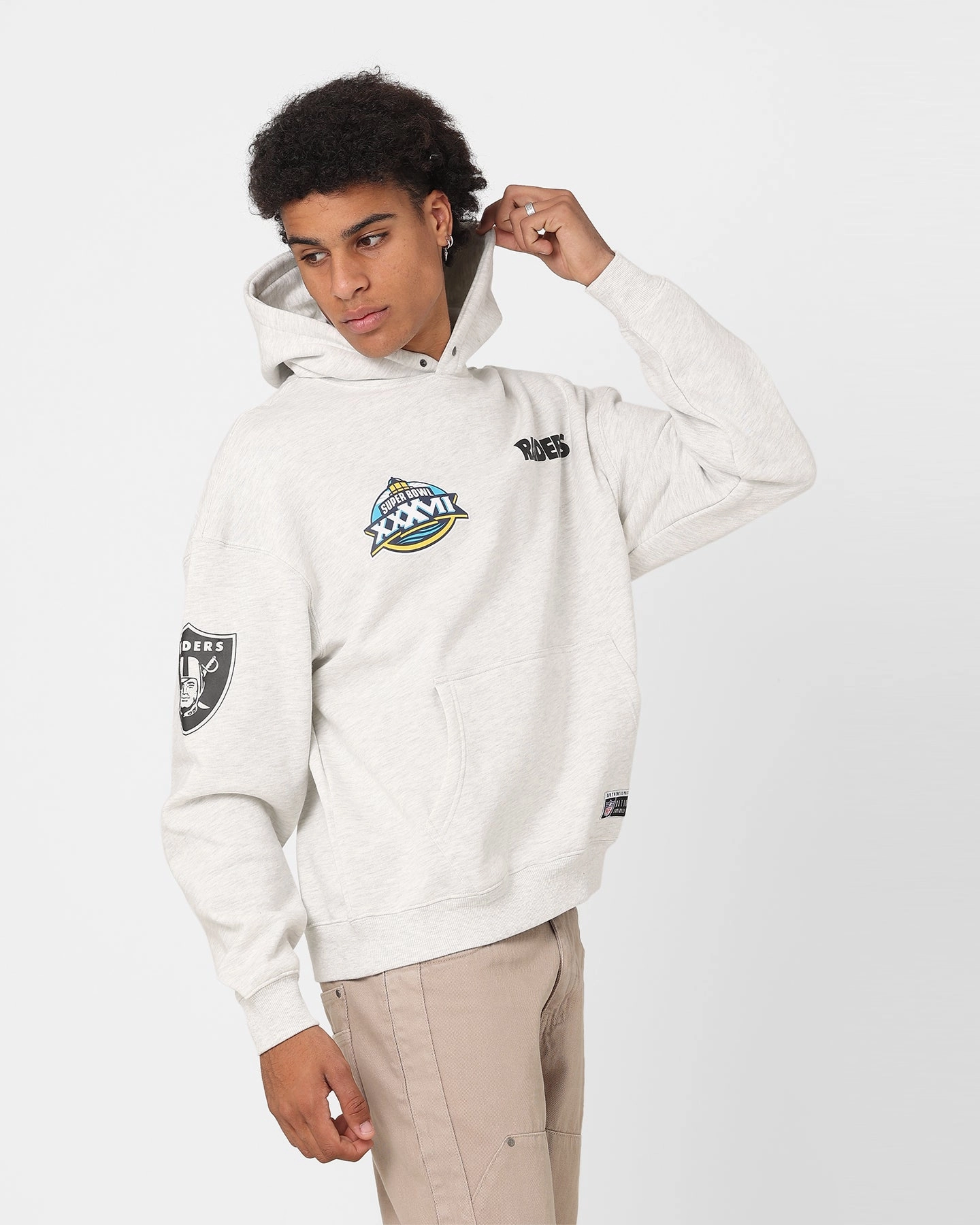 Majestic Athletic Oakland Raiders Vintage Athletic Pop Neck Hoodie Vintage White Marle Classic Jacket Casual Edge