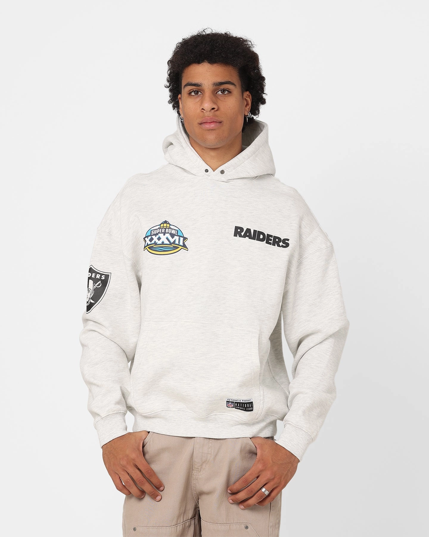 Majestic Athletic Oakland Raiders Vintage Athletic Pop Neck Hoodie Vintage White Marle Flexible Shoulder Panels Empower