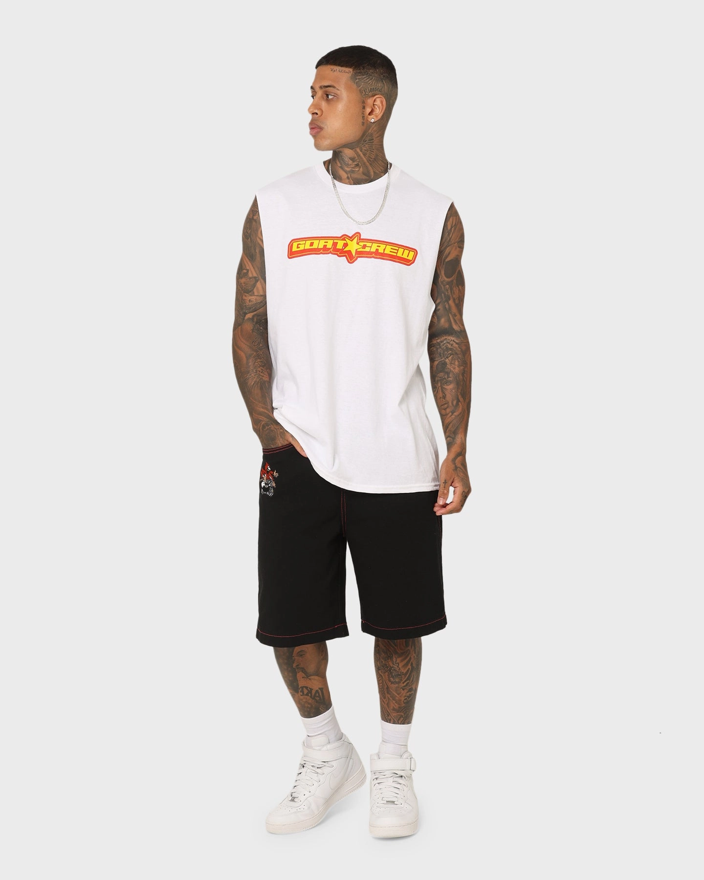 Sporty Layer Look Moisture Management Goat Crew Star Muscle T-Shirt White