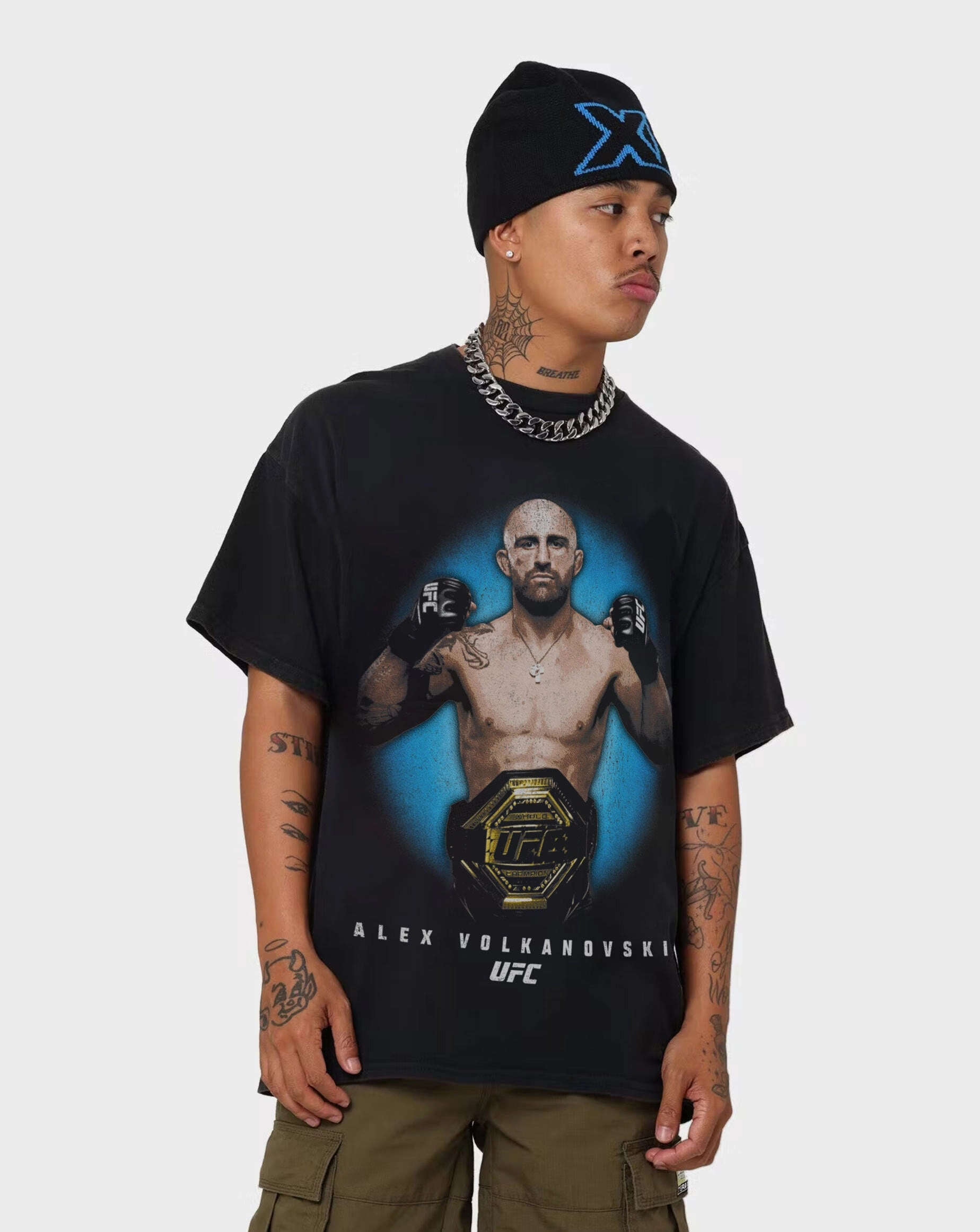 Bright and Bold Durable Collar Construction UFC By Goat Crew Alex Volkanovski Vintage T-Shirt Black Wash