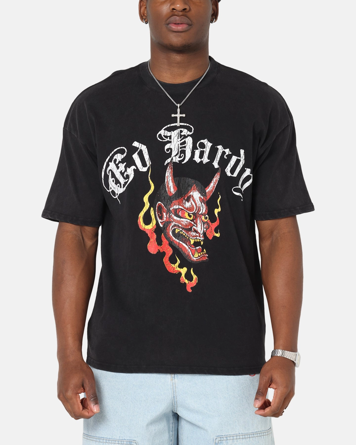 Fashionable Look Ed Hardy Mask Of Mischief T-Shirt Black Acidwash
